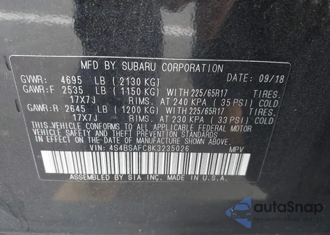 2019 Subaru Outback 2.5I Premium из США, поврежденный, VIN 4S4BSAFC8K3235026